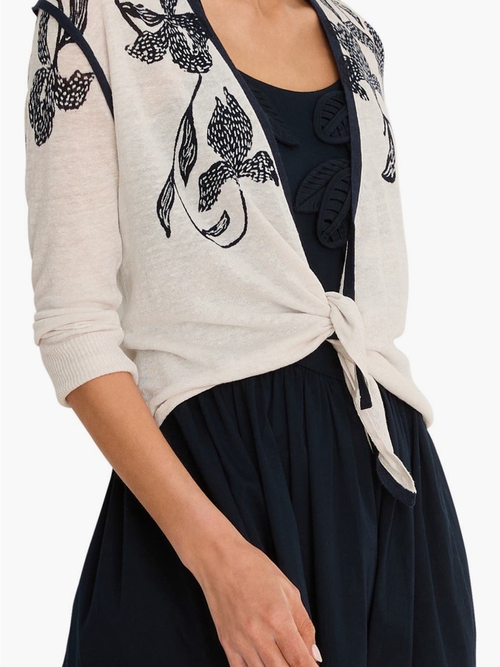 Nic+Zoe Cream Floral Tie-Front Women's Sweater Medium